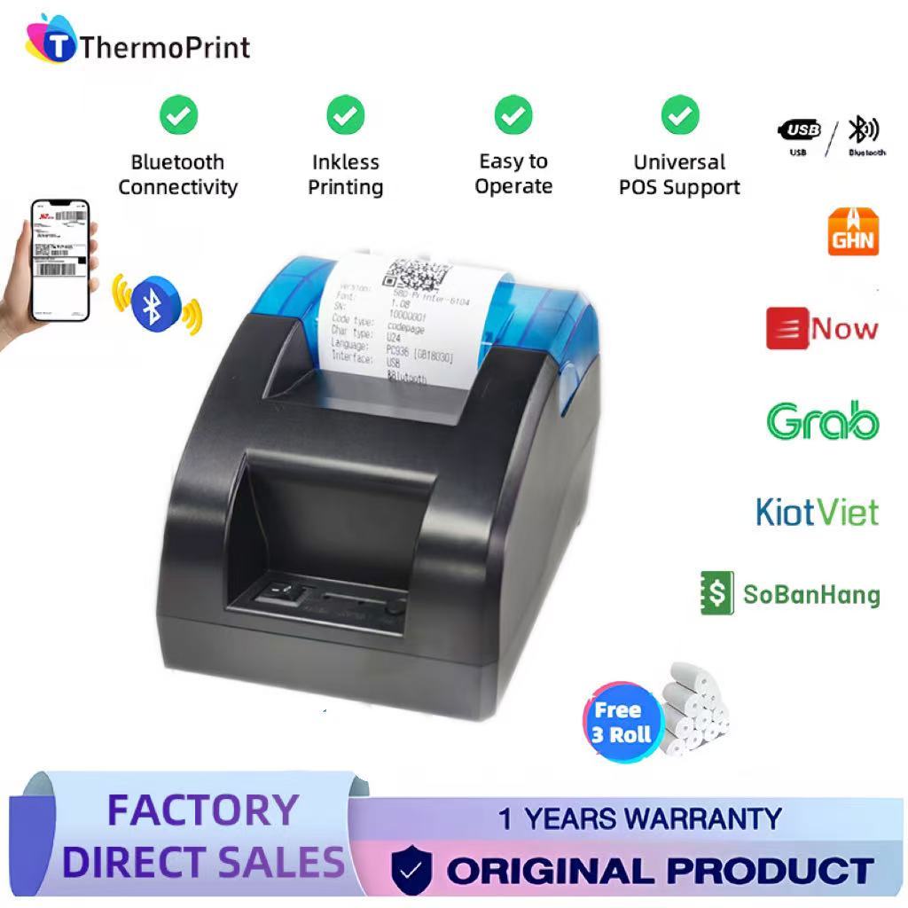 Máy In Nhiệt In Biên Lai, Hóa Đơn 58mm Kết Nối Bluetooth/USB, Tự Động Cắt Giấy,Thermal printer