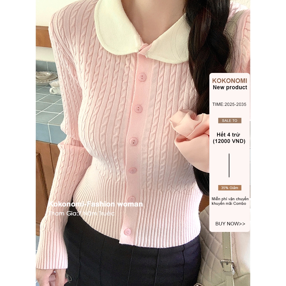 KOKONOMI Cổ Búp Bê Áo Len Màu Hồng Xoắn, Phù Hợp Thời Tiết Đầu Thu