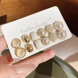 Bộ bông tai tròn hình học thép và ngọc trai, style sang trọng kiểu Pháp