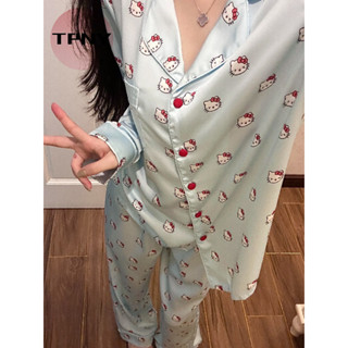 [TPNY] Blue Ice Snow Silk Hello Kitty Xuân Hè Loungewear Bộ Đồ Ngủ Nữ Bộ Hai Mảnh