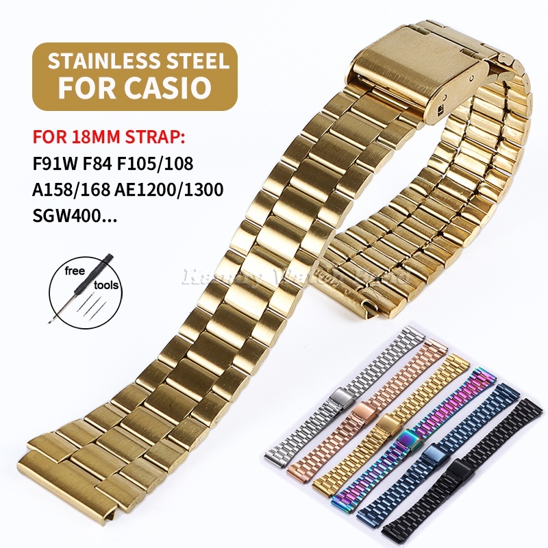 Dây đeo đồng hồ bằng thép không gỉ cổ điển 18mm cho Casio F91W / F94 / F84 dây đeo vuông nhỏ bằng ki