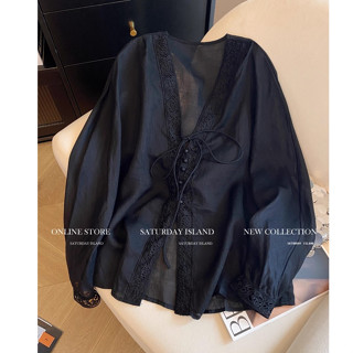  Áo sơmi tay dài nữ cổ chữ V thêu ren style Hàn Quốc 