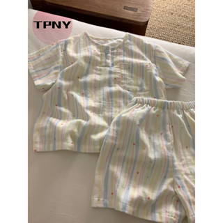   TPNY Bộ đồ ngủ nữ tay ngắn sọc cầu vồng phong cách ngọt ngào size lớn mùa hè nhỏ tươi 