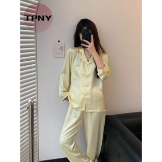   TPNY Ice Snow Silk Yellow Hot Diamond Hello Kitty Bộ đồ ngủ dài đôi Bộ hai mảnh 