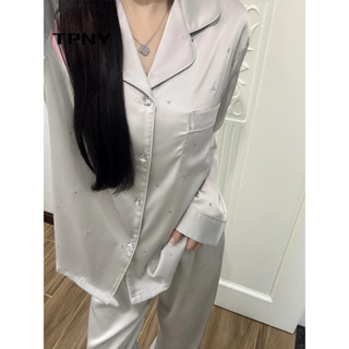   TPNY Bộ đồ ngủ lụa họa tiết ngôi sao dành cho nữ quần áo dài tay phù hợp mùa xuân thu 