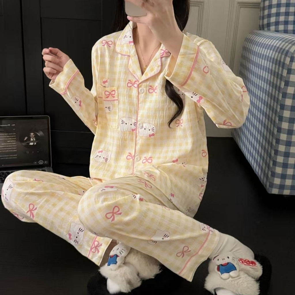 YAMI bộ đồ ngủ Tay áo dài cotton pijama đồ mặc nhà nữ