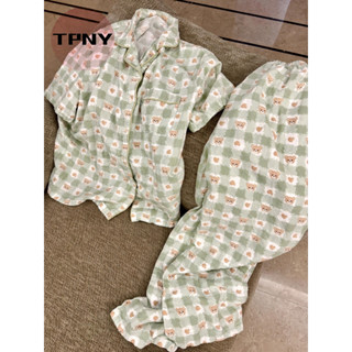   TPNY Quần kẻ sọc xanh lá cây Bộ đồ ngủ ngắn tay mùa hè Bộ đồ hai mảnh 