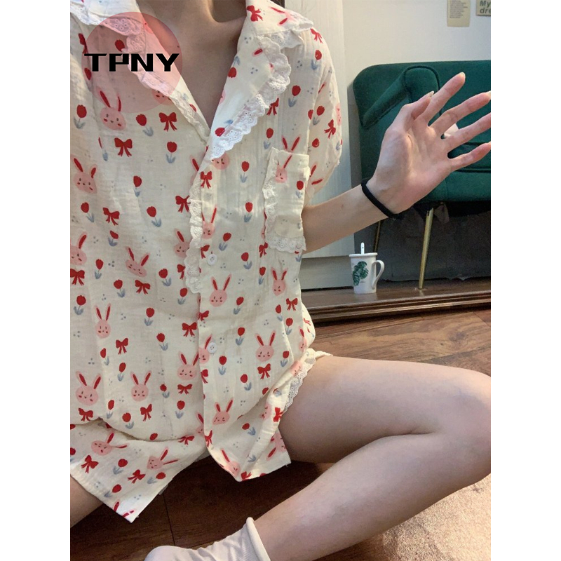 [TPNY] Bộ đồ ngủ hai mảnh cotton nguyên chất in hình thỏ dễ thương mùa hè dành cho nữ