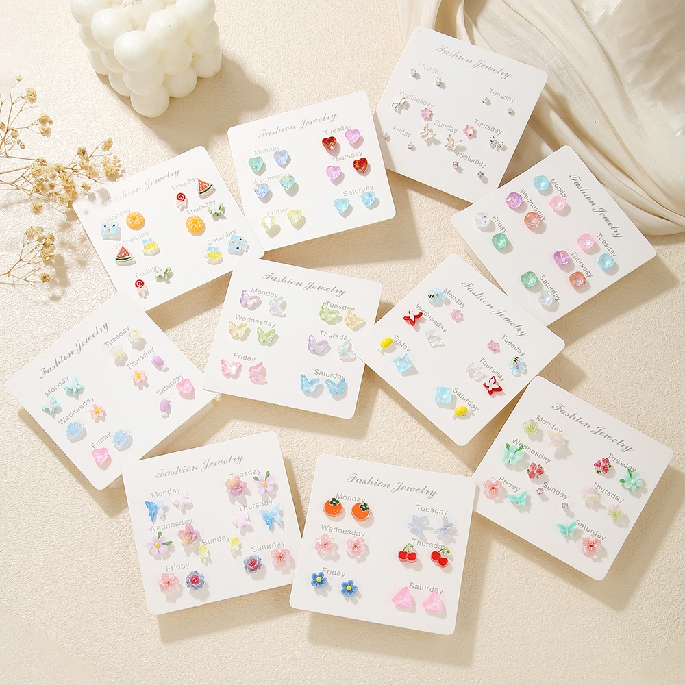 Bông tai 7 Chiếc Bộ Ngọt Ngào, Thiết Kế Hoa & Quả, Bạc Tone, Phong Cách Hàn Quốc, Phụ Kiện OOTD Nữ Dành Cho Làm Việc