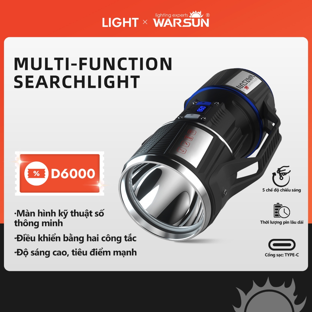 WARSUN D6000 đèn pin LED siêu sáng, sạc lại, công suất cao, chiếu xa, dùng ngoài trời