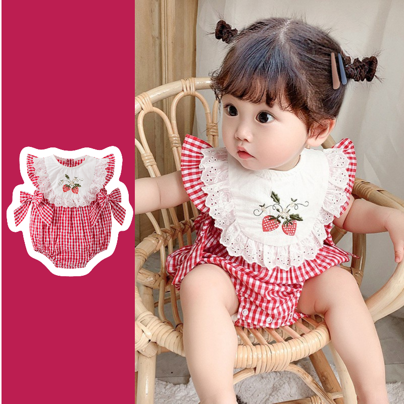 Cute fashion princess newborn baby girls strawberry plaid jumpsuit d5Mx