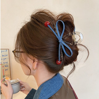 Ahellogirl Cherry Denim Nơ Tóc Cô Gái Ngọt Ngào Kẹp Bên