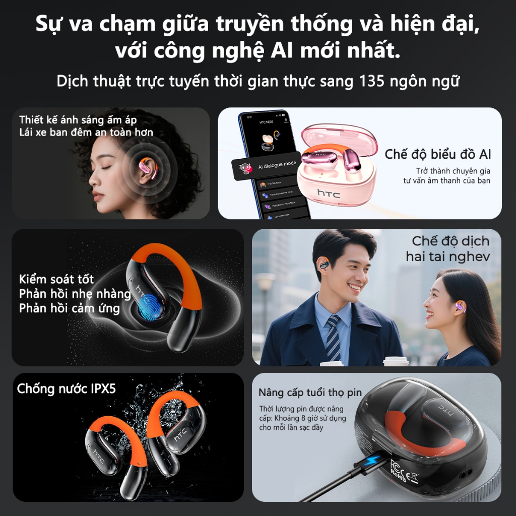 HTC NE36 Tai Nghe Phiên Dịch AI 134 Ngôn Ngữ Bluetooth 6.0 Không Lag Khử Ồn Cuộc Gọi HD | BigBuy360 - bigbuy360.vn