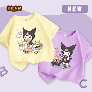 HKAM Áo thun Bé Gái 100% Cotton giản dị Áo thun ngắn tay mềm mại thoải mái thoáng khí, in kuromi