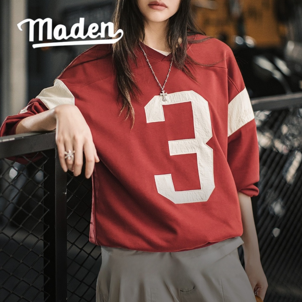 MADEN hoodie retro mùa thu 2025, cổ chữ V, mũ trùm đầu, màu đỏ