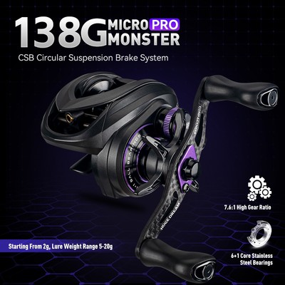 Kingdom MICRO MONSTER PRO Casting Fishing Reel 138g 7.6: 1 Tỷ lệ bánh răng 6 + 1 Vòng bi Hệ thống phanh thích ứng Máy câu cá tốc độ cao Máy đúc câu cá siêu nhẹ
