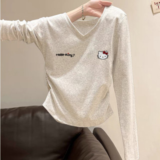  áo croptop tay dài nữ xám tiêu dễ thương hello kitty áo cổ chữ v dài taymùa thu local brand Salmo 