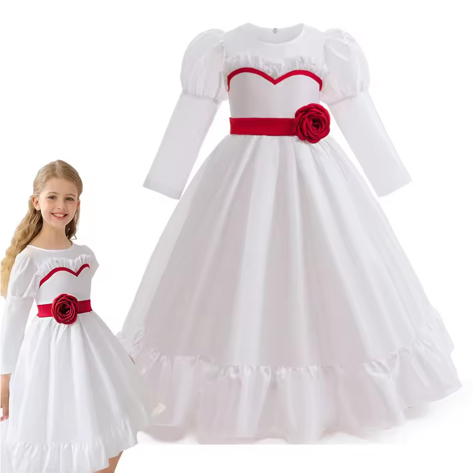 Halloween Conjuring 4: Trang phục cosplay của Annabelle, váy dự tiệc nữ màu trắng đỏ, váy công chúa