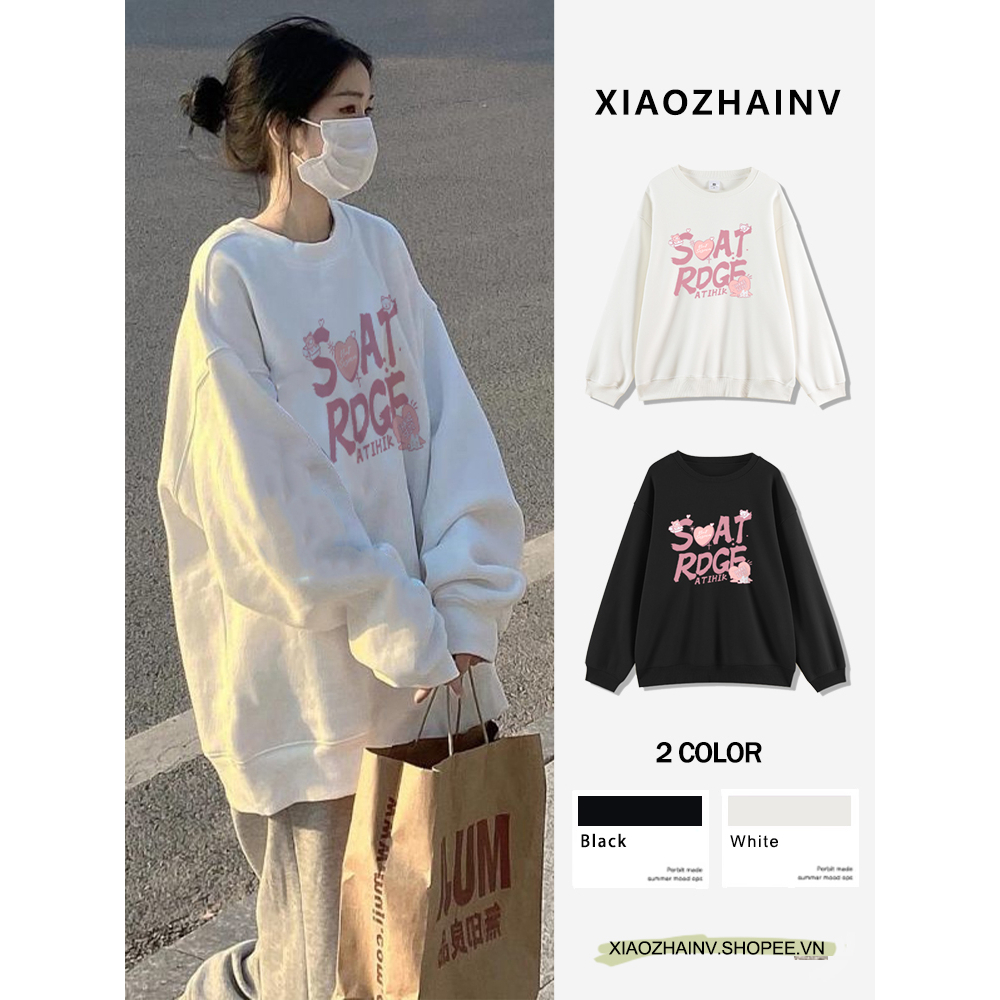 XIAOZHAINV Áo nỉ cổ tròn dáng rộng màu trắng/ đen thời trang cho nữ