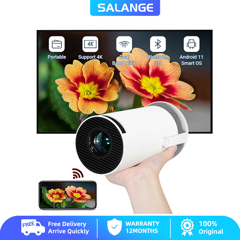 Salange Máy chiếu mini HY300 Pro 4K có WiFi và Bluetooth, Xoay 180° & Keystone tự động, Hỗ trợ Full HD 1080P, Máy chiếu phim ngoài trời di động chạy hệ điều hành Android 11, Tương thích với TV Stick/Windows/iOS/Android/HDMI/USB