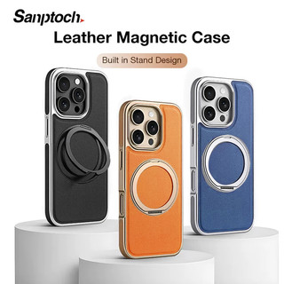  Sanptoch Da Sang Trọng 360° Ốp Điện Thoại Đứng Từ Tính Cho iPhone 17 16 15 14 13 Pro Max Cao Cấp Chống Sốc Vỏ Bảo Vệ Thân Thiện Với Da Với Giá Đỡ Hợp Kim Xoay Được 