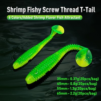 Kingdom SCREW THREAD T-Tail Mềm Mồi Câu Cá 20 Cái / túi 35mm / 0.37g 45mm / 0.8g 55mm / 1.3g 65mm / 2.2g Mồi Mềm Chìm PVC Mềm Giun Swimbaits Mồi Nhân Tạo Wobblers