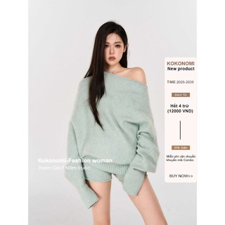  KOKONOMI Nghiêng vai dài tay áo mềm dẻo phù hợp với phụ nữ rộng rãi lười biếng cao cấp cảm giác đan quần short 