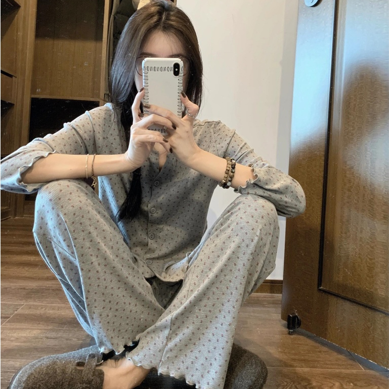 Bộ đồ ngủ Tay áo dài cotton pijama đồ mặc nhà nữ