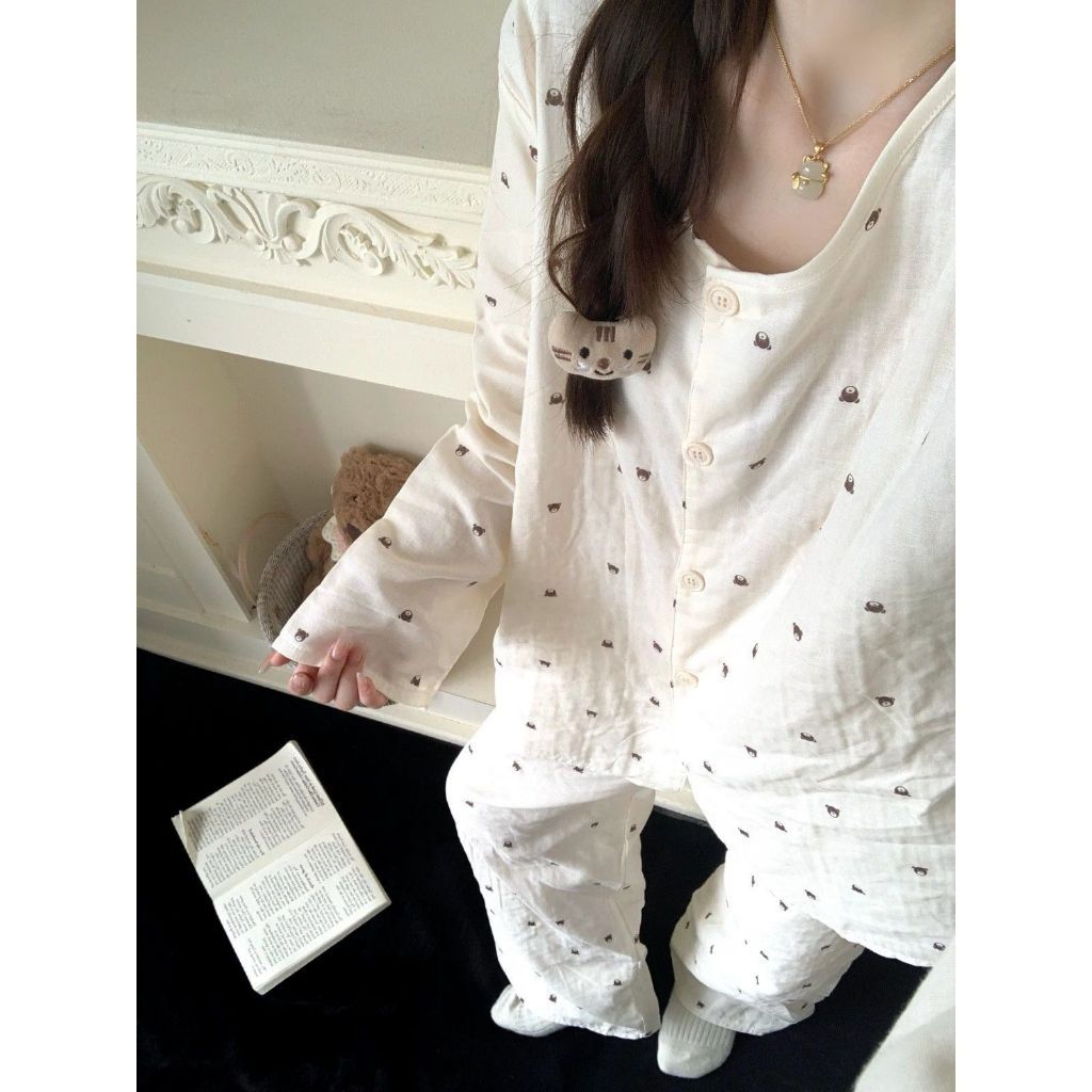 Bộ đồ ngủ Tay áo dài cotton pijama đồ mặc nhà nữ