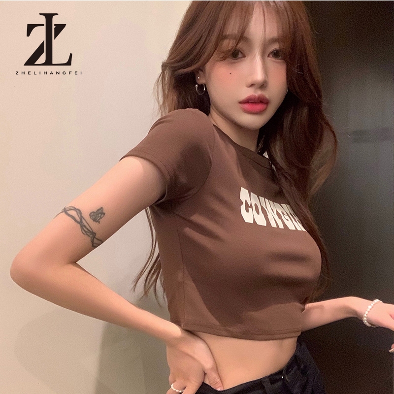 ZHELIHANGFEI Áo croptop COWGIRL PEONYB nữ Thun kiểu dáng ôm body hotgirl cá tính đường phố hàn quốc 