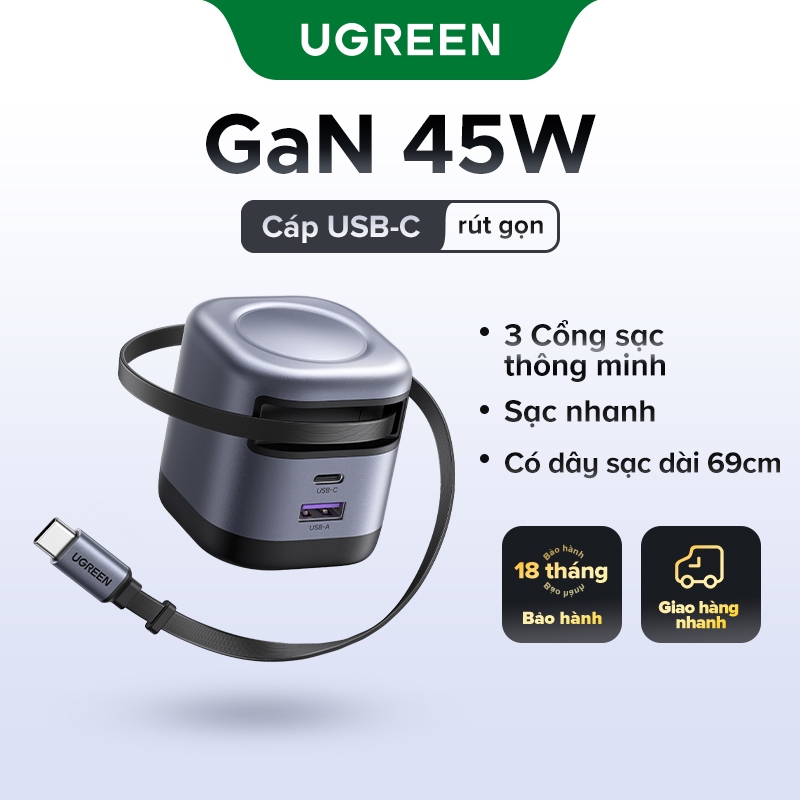 [Nexode] Bộ sạc GaN UGREEN 45W USB-C * 2 / USB-A * 1 / 3 cổng Sạc nhanh Nexode GaN với cáp USB C có thể thu vào 75cm cho IPhone 16 / 15 / 14 / 13 Xiaomi 15 / 14Pro Samsung Galaxy S25 /