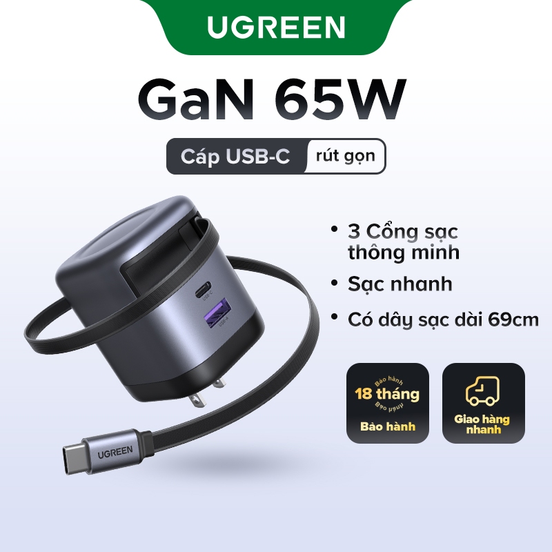 [Nexode] Bộ sạc GaN UGREEN 65W có cáp có thể thu vào