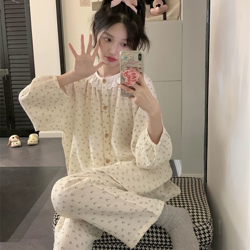 Bộ đồ ngủ Tay áo dài cotton pijama đồ mặc nhà nữ
