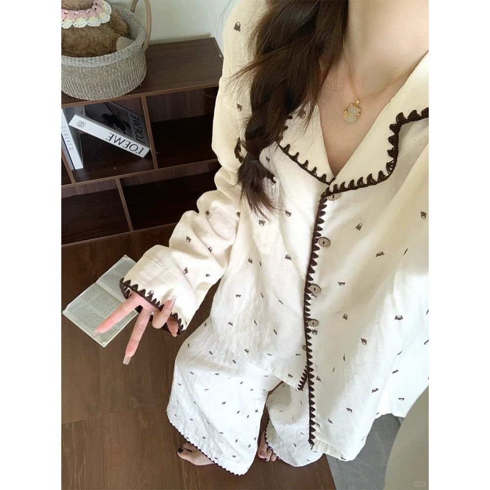 OLOEY bộ đồ ngủ Tay áo dài cotton pijama đồ mặc nhà nữ