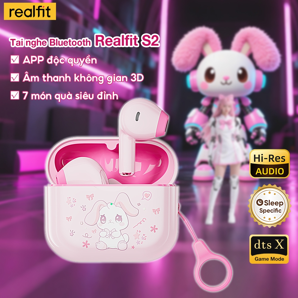   Hàng mới về  Tai nghe Bluetooth Mini Realfit S2 Dopamine hoạt hình dễ thương có điều khiển ứng dụng thông minh |Ngủ-Silent | Mặc thân thiện với da trong hộp quà dễ thương 