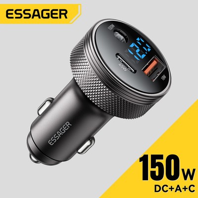 Essager 150W Màn hình kỹ thuật số DC + USB A + Type C Bộ sạc xe hơi hợp kim nhôm cho tủ lạnh ô tô / điện thoại