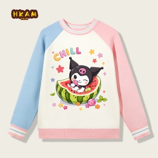 HKAM Áo Len Bé Gái Thu Đông Trẻ Em Raglan Tay Áo Len Ấm Áp Thoải Mái, In kuromi