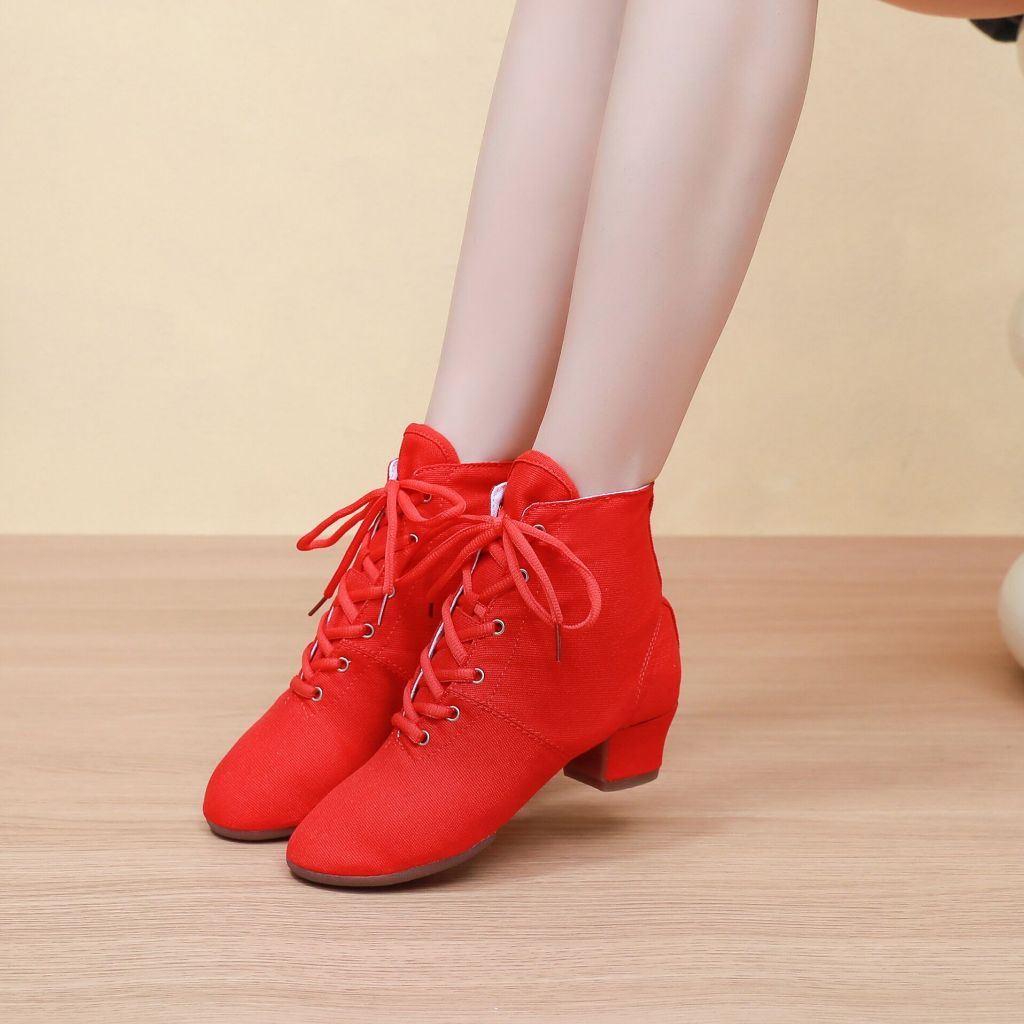 Giày khiêu vũ Jazz cao cấp bằng vải Canvas Giày bốt nam nữ Giày khiêu vũ đế mềm luyện tập múa vuông Biểu diễn múa ba lê Đế cao su ngoài trời [Tiền mặt khi giao hàng]