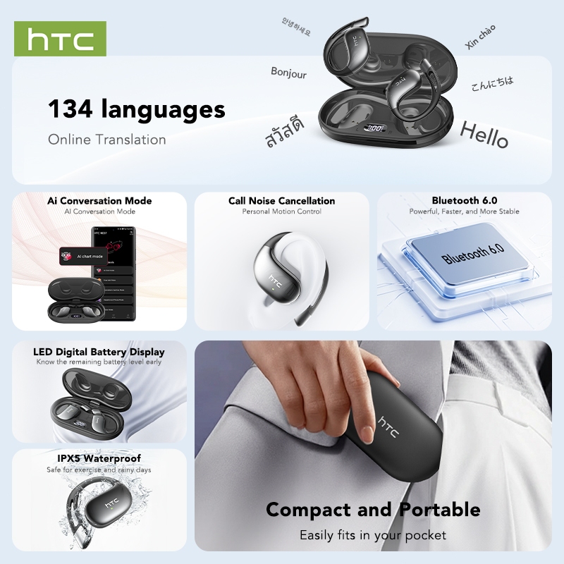 HTC NE57 Tai Nghe Phiên Dịch AI Phiên dịch đồng thời hai chiều Dịch thuật AI Bluetooth 6.0 Hỗ trợ 134 ngôn ngữ Tai nghe không dây Tai nghe móc tai không dây Âm thanh chất lượng cao Thiết kế thời trang Pin 200mAh | BigBuy360 - bigbuy360.vn