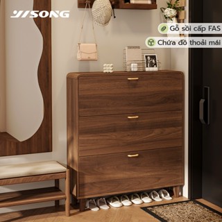 Yisong Tủ giày gỗ óc chó Bắc Mỹ sang trọng, kệ để giày dép đa năng 3 tầng, tủ đựng giày cánh lật gọn gàng tiết kiệm diện tích