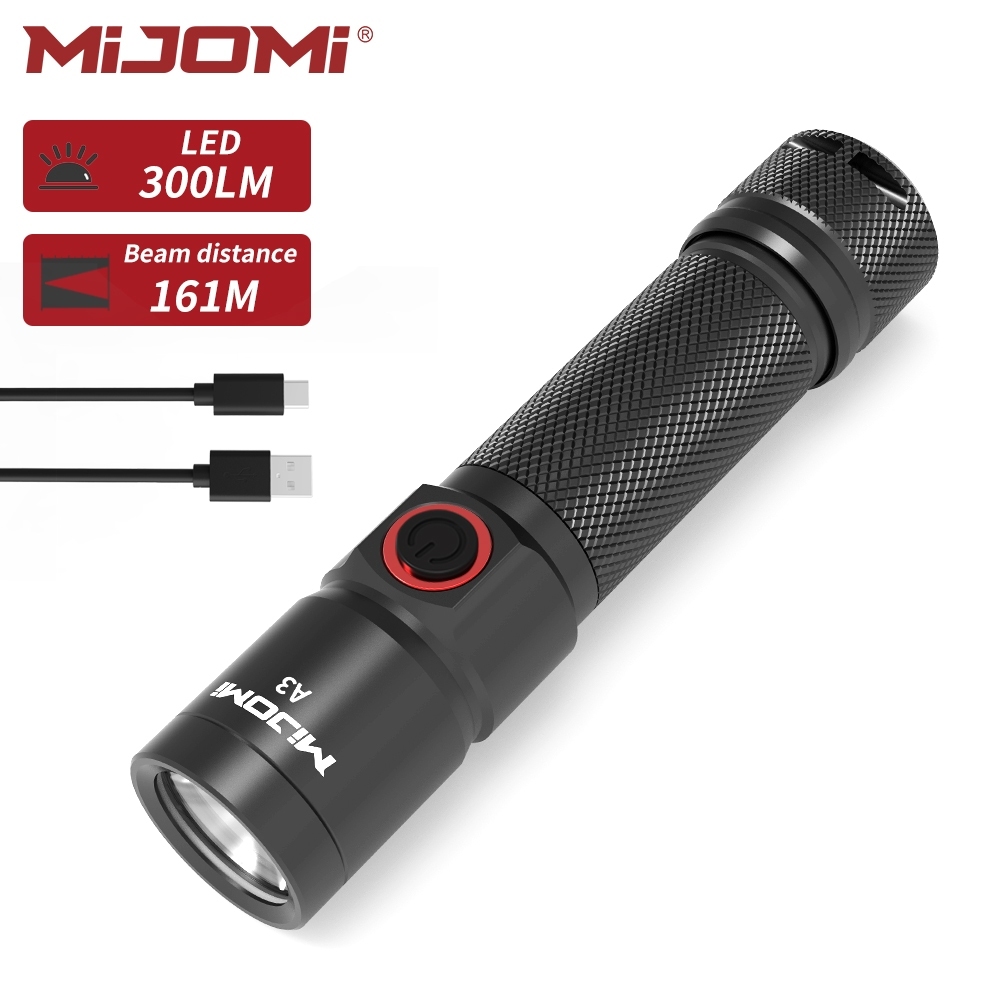 Đèn pin Mijomi A3 300 Lumens Độ sáng 161m Khoảng cách chùm tia 18650 Type-C Đèn pin công nghiệp có t