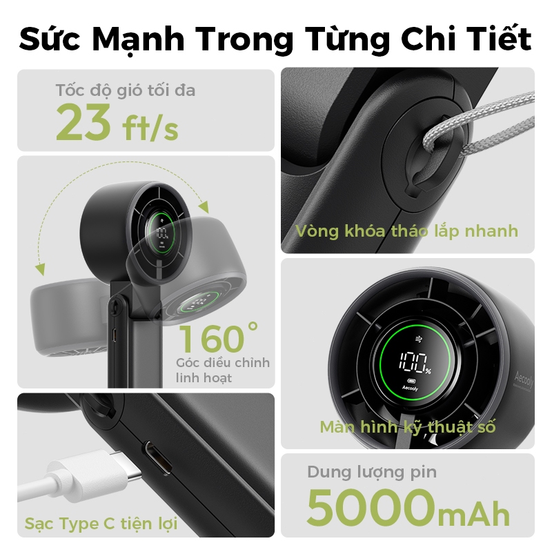 Aecooly Halo 02 quạt cầm tay Quạt di động 3 TRONG 1, Quạt cổ, Quạt bàn, Quạt cầm tay Turbo, Quạt sạc USB nhỏ 5000 mAh gió mạnh tốc độ cao | BigBuy360 - bigbuy360.vn