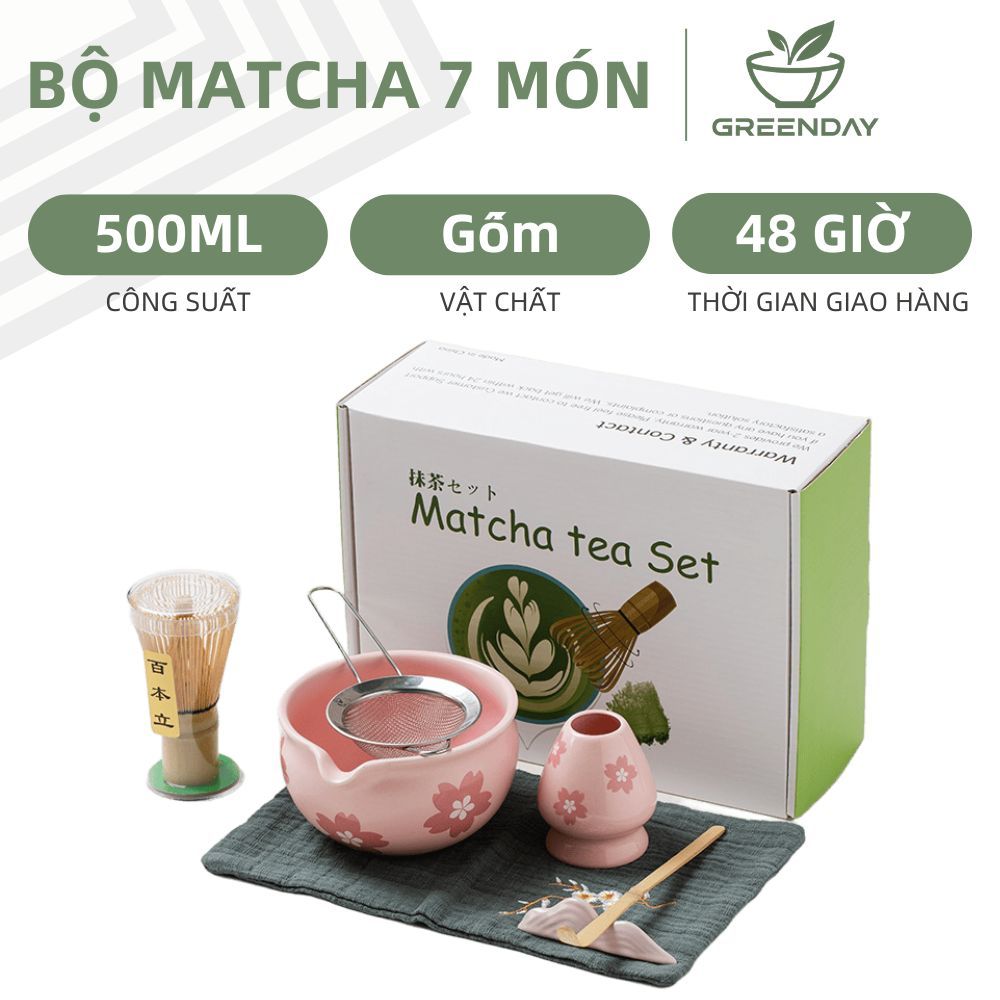 Bộ Combo 7 Dụng Cụ Pha Matcha Mầu Hồng Hoa, Chawan Matcha 500ML, Bộ Pha Matcha