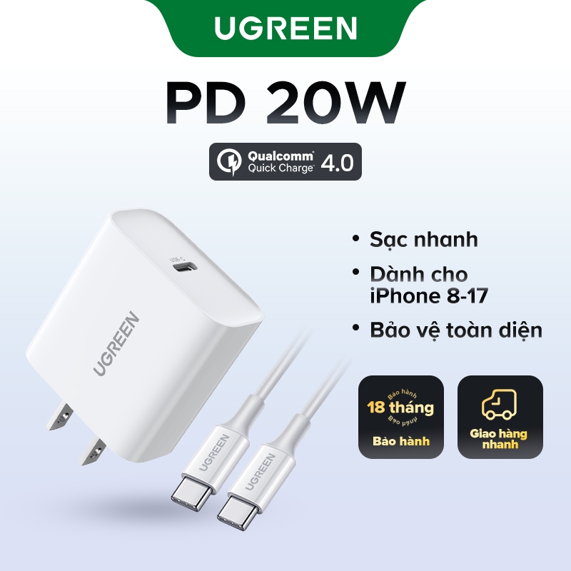 Ugreen 20W USB C Sạc Nhanh PD 3.0 Sạc Tường Cắm Tương Thích Cho iPhone 16 Pro Max 14 Pro Max, Galaxy, Pixel 4 / 3, iPad Mini / Pro, Airpods Pro