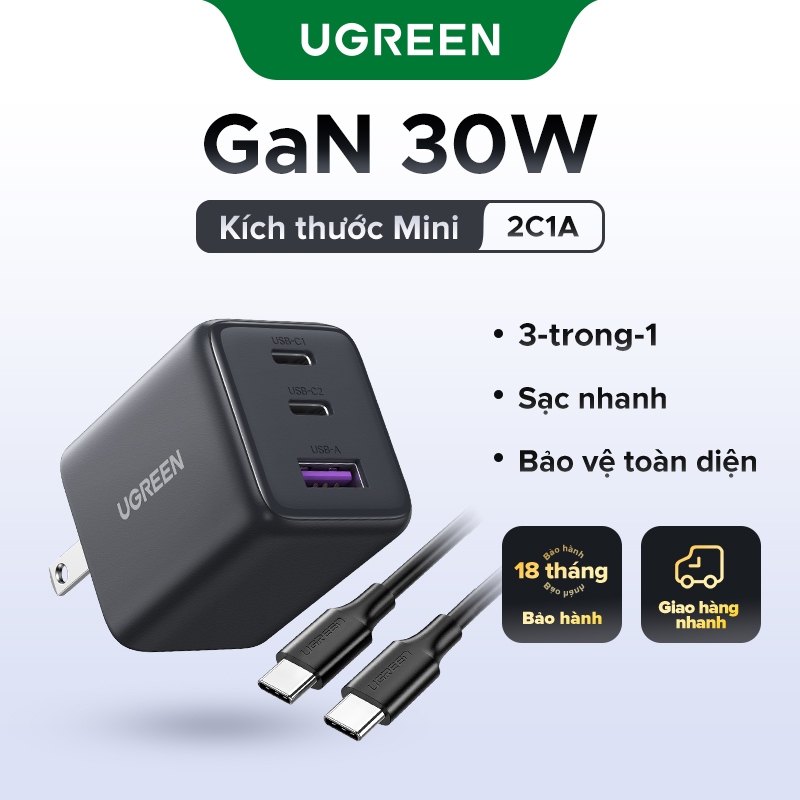 Bộ sạc USB C UGREEN 30W Nexode GaN PPS Khối sạc tường nhanh gọn Bộ chuyển đổi nguồn USB-C cho iPhone 16 Pro Max / 15 / 14 / 13 Galaxy S25 S24 Ultra / S23 (Đen)