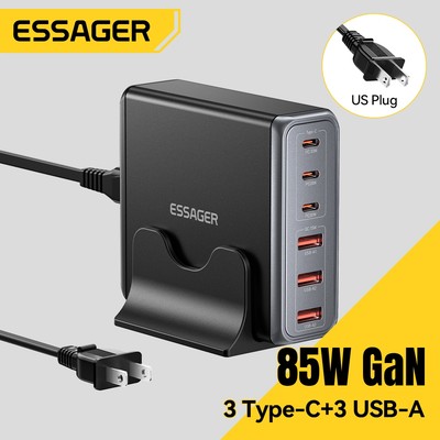 Essager 85W GaN 3 Type-C + 3 USB-A Sạc nhanh nhiệt độ thấp thông minh Máy tính để bàn Tương thích với điện thoại thông minh Laptop