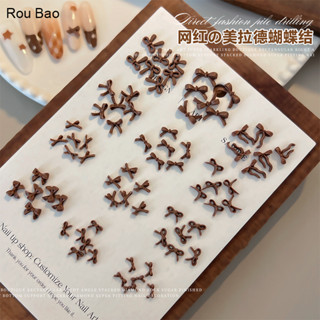 Rou Bao 50 Chiếc Móng Tay Maill Nâu Nơ Nữ Tính 3D Nhựa Móng Tay Nghệ Thuật DIY Quyến Rũ Trang Trí