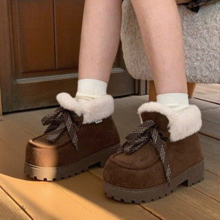  XIXITIAO Giày Bốt Tuyết Ngắn Phong Cách Retro Phối Ren Sinh Viên Nữ Mùa Đông Ấm Áp Đế Dày Lông Cừu Lót Ngoài Trời 