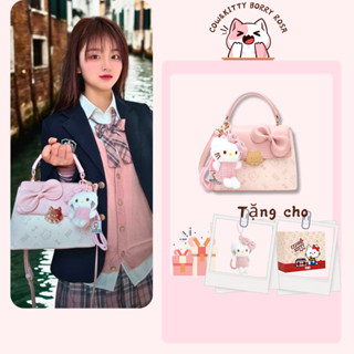 BORRY ROSA / COW & KITTY Túi xách đeo chéo màu hồng túi giỏ màu hồng có khóa kéo và bùa chú mèo, túi tote dành cho nữ