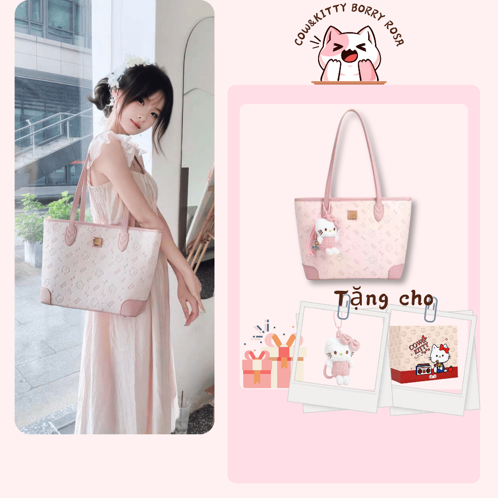Cow&Kitty/BORRY ROSA Túi Tote màu hồng Túi xách màu hồng phong cách dễ thương cho mèo